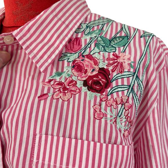 Pink & white striped casual top blouse shirt floral roses embroidery Blair XL - Picture 1 of 9
